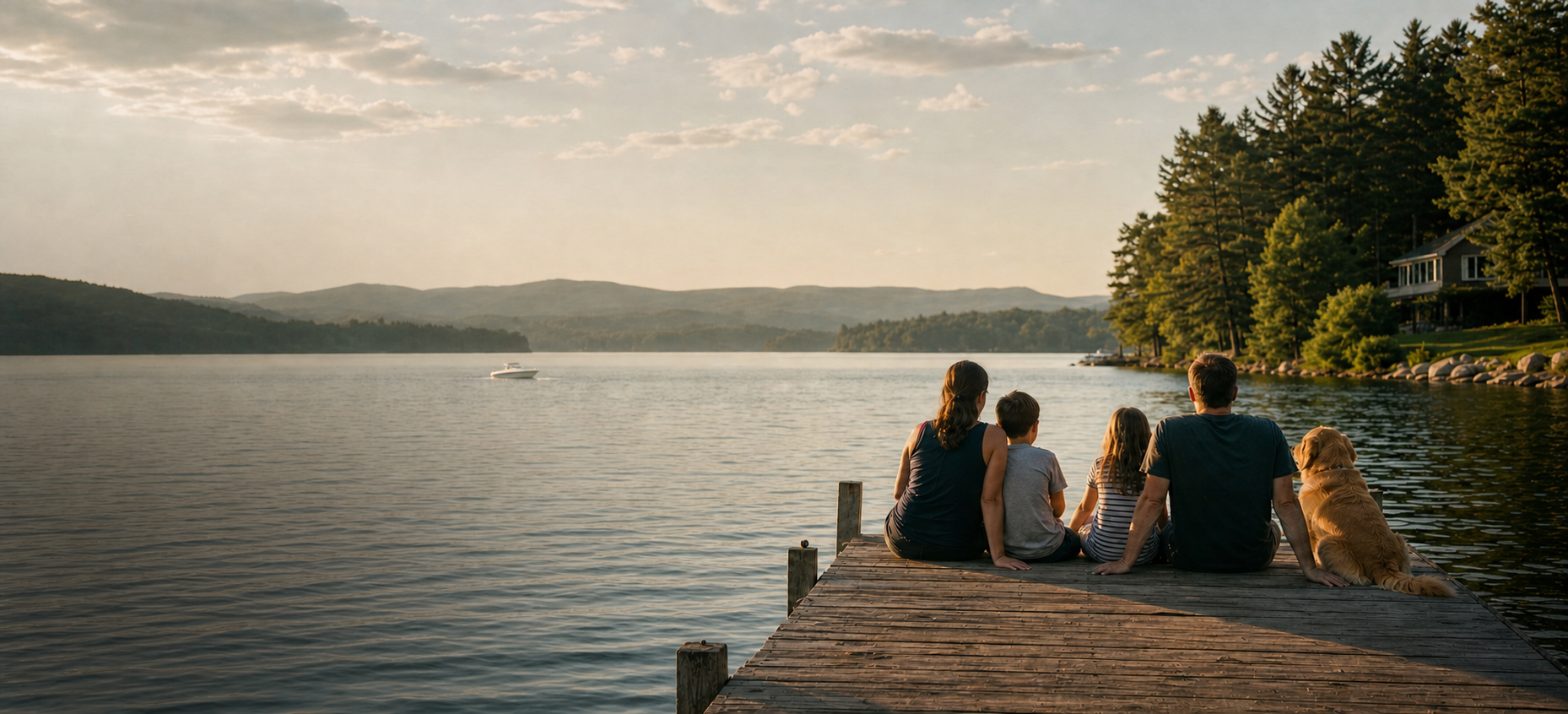 A family and their dog sharing a quiet evening beside a distant boat on the lake