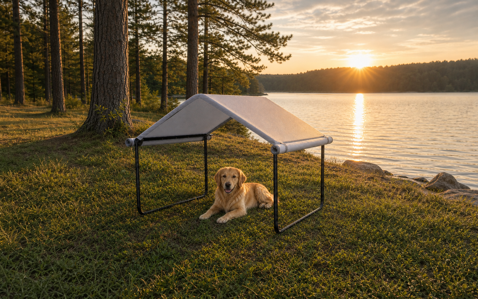 A golden retriever resting beneath the DOVACS all-season outdoor dog canopy